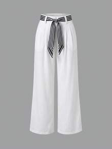 SHEIN Clasi Women's Striped Scarf Contrast Striped Decor Suit Pants Long Pants Spring Summer Elegant Commute - Apricot - View 3