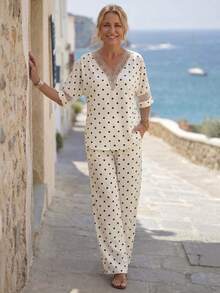 EMERY ROSE Women's Autumn Long Sleeve Shirt And Wide Leg Pants Set - White - View 5