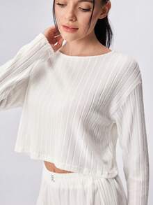 Loungeista 两件套女士舒适半透明长袖睡衣套装 + 侧开衩短裤睡衣 - 白色 - 查看 8