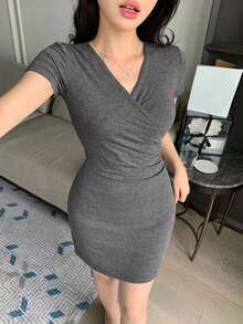 DAZY V-Neck Slim Fit Short Sleeve Short Length Solid Color Dress, Summer Outfit, Women's Nightgown Pajamas - Grey - View 4