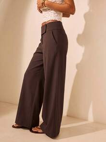 Aralina Dark Wash Low Rise Wide Leg Wide Wrap Waistband Pants Teachers' Day Brunch Business Autumn Casual Elegant - Dark Green - View 4