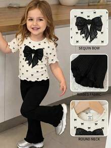 SHEIN 2pcs Baby Girl Knitted Crew Neck Bow Decor T-Shirt And Flared Pants Set - Black and White - View 2