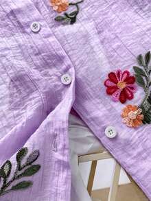 INAWLY 大尺碼夏季休閒單排扣花卉刺繡無袖襯衫 - 淡紫色 - 查看 4