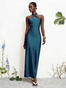 Aveloria Modichic Fashionable Elegant Elegant Slim Fit Sexy Satin Halter Neck Solid Color Dress Wedding Corporate Formal Teal Blue Summer - Blue - View 2