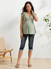 SHEIN 孕婦夏季休閒拼接荷葉邊背心上衣 - 綠色 - 查看 6