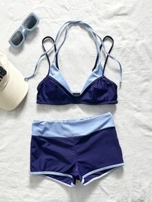 Bonvoyette 2件組女款比基尼泳衣，藍黃圖案波點條紋泳褲，適合波希米亞風度假 - 藏蓝色 - 查看 6