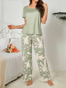 SHEIN 女款休閒花卉印花睡衣套裝 - 綠色 - 查看 3
