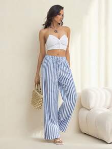 SHEIN Tall 3pcs Set Black Blue And White Textured Fabric With Thick Stripes Nautical Style Vacation Women's Casual Waist Tie With Pockets Straight Leg Pants - Multicolor - View 3