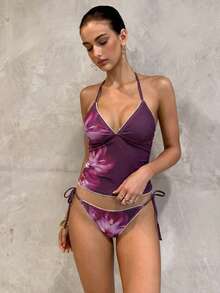 Swim Glamine Summer Sweet Tropical Floral Dark Purple Flower Plaid Tank Bikini Set Casual Sexy Spring Vacation Beach Party 2 Pieces Set - Multicolor - View 10