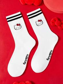 HELLO KITTY AND FRIENDS | SHEIN 1雙女款卡通圖案筒襪 - 黑與白 - 查看 2