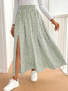 SHEIN Frenchy 女款碎花荷葉邊開衩長裙 - 綠色 - 查看 5