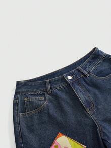 Sweetness Handmade Girls Apple Embroidery Button Decor Low Waist Denim Shorts Women's Jeans - Medium Wash - View 3