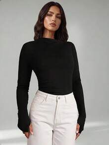 SHEIN Tall Women's Black Solid-Color Comfortable Knit Long-Sleeve Simple Pleated Fitted Jumpsuit - Black - View 8