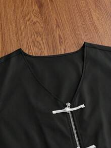 SWAVVY Chaleco para hombre con botones de rana, cremallera y bolsillo con parche - Negro - Ver 3