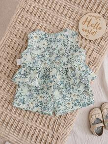 Newborn Baby Girl Vacation Casual Cute Floral Pattern Bow Tank Top & Shorts Set - Mint Green - View 2