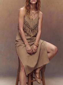 Fembélia Women's Casual Boho Vacation Long Dress With Tassel Decor And Spaghetti Straps Khaki Summer - Khaki - View 1