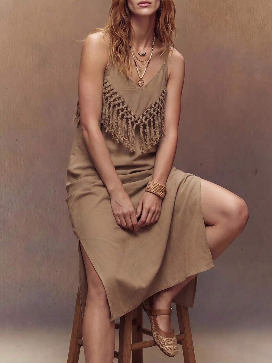 Fembélia Women's Casual Boho Vacation Long Dress With Tassel Decor And Spaghetti Straps Khaki Summer - Khaki - View 1