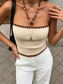 Cévolie Top Bandeau de Ajuste Ceñido Versátil con Diseño y Ribete de Contraste - Caqui - Ver 4