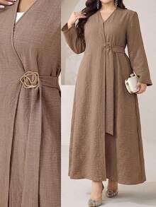 Veilorie Plus Size Women's Solid Color Long Sleeve Waist Metal Design Abaya - Coffee Brown - View 2