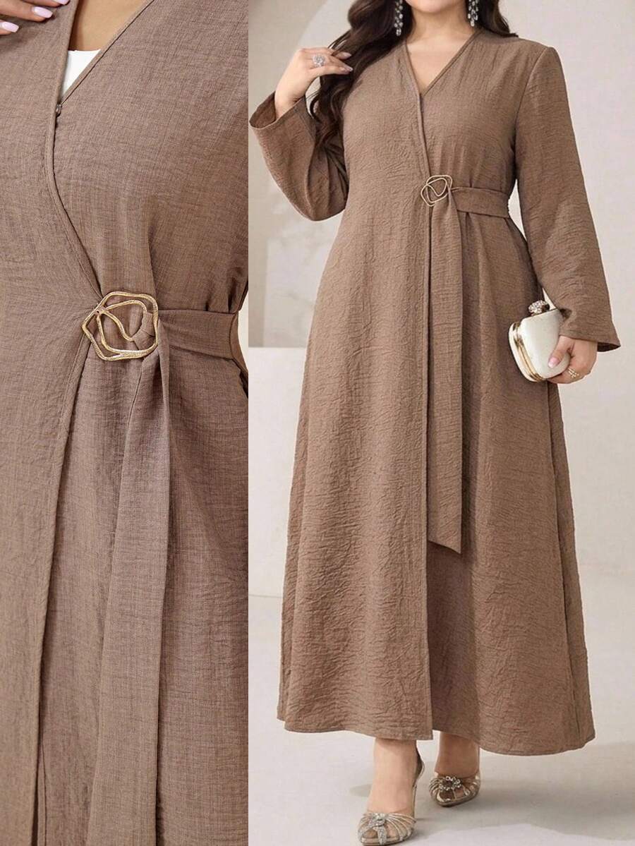 Veilorie Plus Size Women's Solid Color Long Sleeve Waist Metal Design Abaya