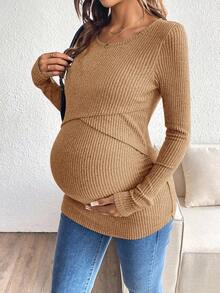 SHEIN 孕婦純色圓領長袖哺乳上衣 - 咖啡棕 - 查看 7