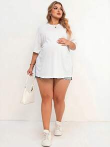 Plussiva Plus Size Maternity Solid Color Round Neck Short Sleeve Side Slit Hem Top - White - View 5