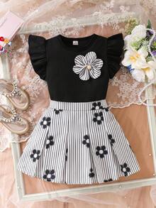 Elladie kids Mädchen Frühling/Sommer Schwarz gestricktes Rundhals T-Shirt mit Rüschenärmeln und gestreifter Vorderseite & Schwarz gewebter einfarbiger Rock mit halber elastischer Taille und 2 Schleifen-Dekor 2 Stücke Set, geeignet für Frühling/Sommer Alltagskleidung, Reisen, Urlaub, Party - Schwarz - Übersicht 7