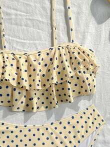 Swim Mod Women's Summer Beach Polka Dot Spaghetti Strap Bikini And Triangle Bottom Two-Piece Swimsuit Set - Pale Yellow - View 4