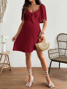 SHEIN Maternity Short Sleeve Mid-Length A-Line Pullover Dress With Ruffle Sleeves And Half-Open Neck - Burgundy - View 4