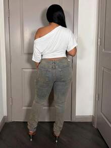 SHEIN PETITE CURVE 大尺碼女款不對稱領褶皺腰蝙蝠袖T恤 - 白色 - 查看 5