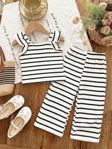 Elladie kids 2pcs Girls Striped Jacquard Knit Square Neck Fitted T-Shirt And Pants Set, Suitable For Casual, Vacation, Summer Wear. Girls 2pcs Set, Ribbed Set, Summer 2pcs Set, Kids 2pcs Set, Toddler 2pcs Set, Preppy Style 2pcs Set, Girls Set, Outdoor Clothing - Black - View 2