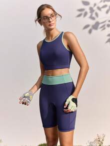In My Nature Women's Color Block 2-Piece Outdoor Workout Set, Cropped Sleeveless Tank Top & High Waist Sports Shorts - Navy Blue - View 7