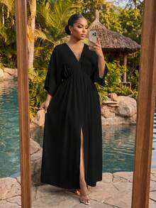 SHEIN Lady CURVE 大尺碼純色蝙蝠袖休閒度假洋裝 - 黑色 - 查看 3