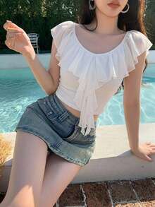 DAZY Women's Solid Color Pleated Ruffle Casual Vacation Travel Cover-Up Top Summer Beach Outfits Y2K - White - View 5