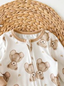 SHEIN Newborn Baby Girl Casual Cute Knitted Cartoon Pattern Long Sleeve Home Wear Romper - Apricot - View 5