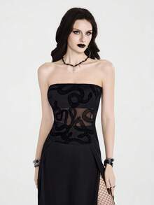 Breakform Gothic Halloween  Sexy Retro, Flocked Mesh Strapless Top Featuring A Gothic Snake Pattern-Perfect For The Cool Girl - Black - View 3