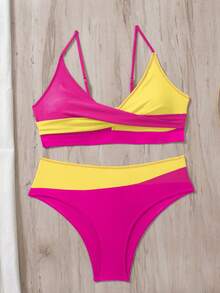 Swim Vcay Conjunto de traje de baño de dos piezas con bloques de color y patchwork para vacaciones en la playa - Multicolor - Ver 3