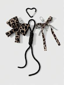 ROMWE Kawaii 1 Retro Dark Wind Black Handmade Braided Tether Brown Leopard Print Tiger Pattern Beaded Bow Rhinestone Cross DIY Keychain Bag Pendant, Worn By Girls - Brown-12 - View 6