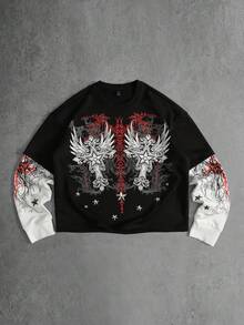 ROMWE MEN Camiseta 2 en 1 para hombre con estampado de cruz de ala y patchwork de bloques de color - Blanco y Negro - Ver 1