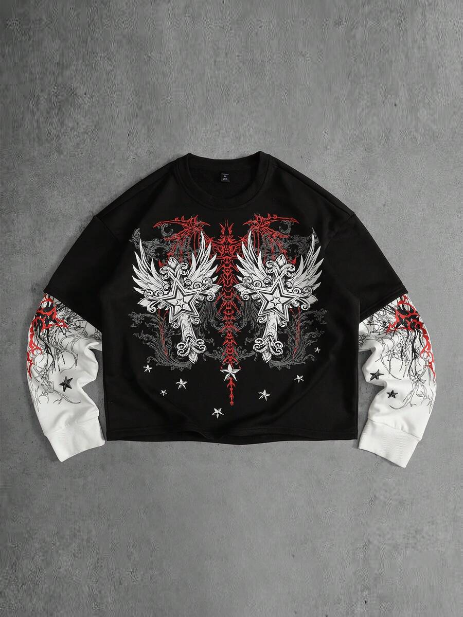 ROMWE MEN Camiseta 2 en 1 para hombre con estampado de cruz de ala y patchwork de bloques de color - Blanco y Negro - Ver 1