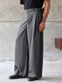 ESTAVOR Men's Solid Color Button Pocket Pleated Loose Casual Pants, Wide Leg,For Spring And Autumn - Grey - View 5