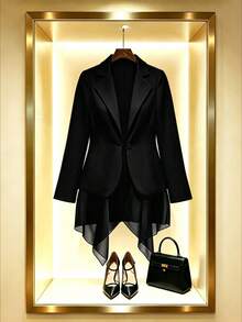 GlowEve CURVE Plus Size Spring/Summer Lightweight Long Sleeve Asymmetrical Chiffon Blazer Vest - Black - View 6