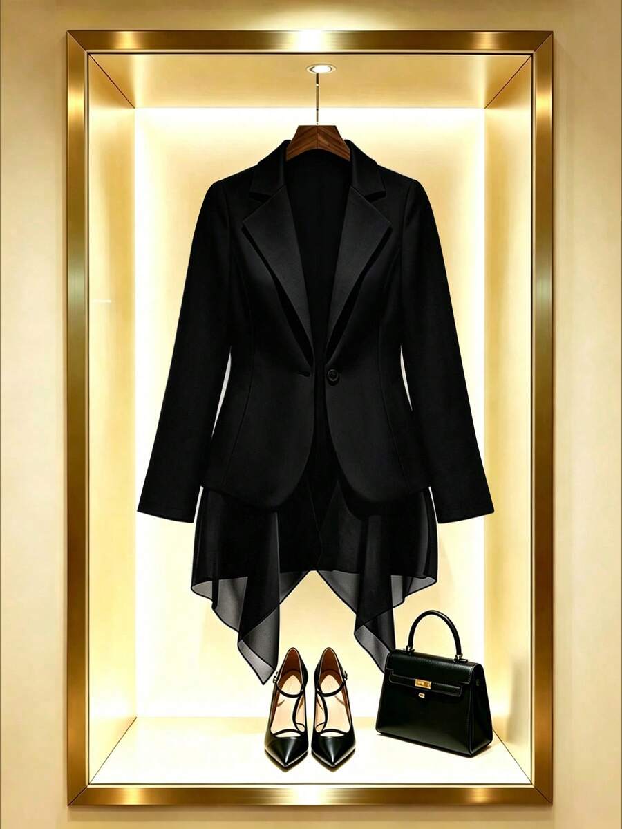 GlowEve CURVE Plus Size Spring/Summer Lightweight Long Sleeve Asymmetrical Chiffon Blazer Vest - Black - View 1
