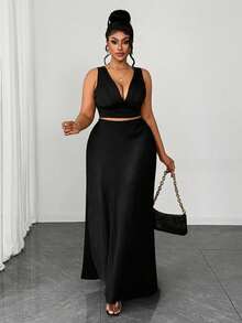 Maweii Women's Summer Elegant Satin Solid Color Mermaid High Waist Bodycon Skirt, Casual Wear, Vacation Outfit, Sister Shopping Party Outfit Fall - Black - View 1