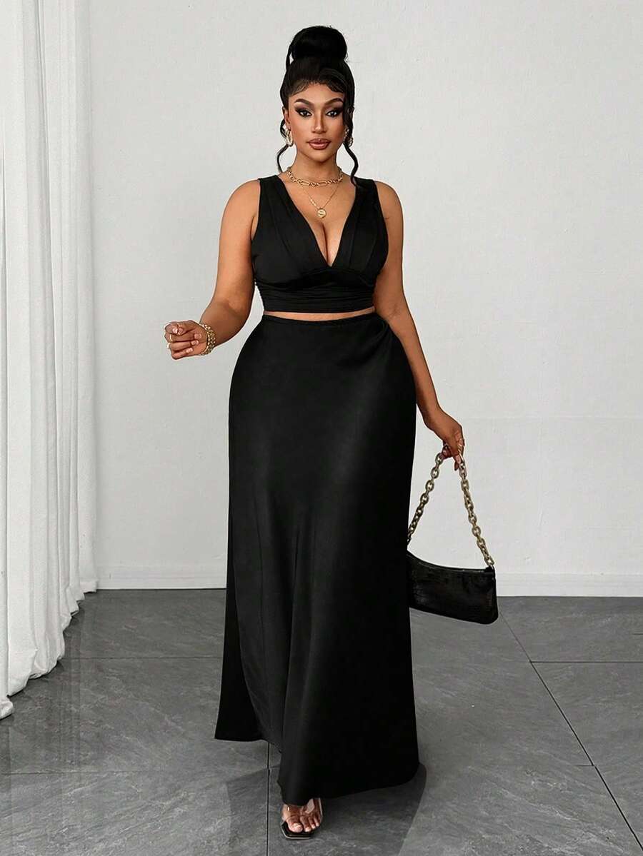 Maweii Women's Summer Elegant Satin Solid Color Mermaid High Waist Bodycon Skirt, Casual Wear, Vacation Outfit, Sister Shopping Party Outfit Fall - Black - View 1