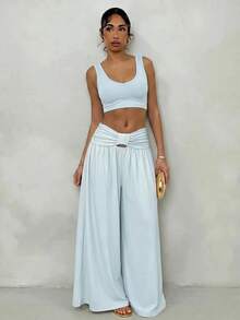 Glamine Women's Elegant Vacation Long Loose Waist-Cinching Skorts, Cream Yellow Long Pants, Suitable For White Sand Beach Vacation, Dating And Outings - Baby Blue - View 5