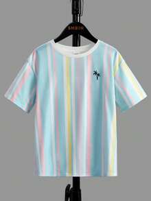 SHEIN Camiseta de punto estampada de manga corta y cuello redondo para niños preadolescentes, adecuada para primavera y verano, ideal para deportes diarios, escuela, ropa de calle, fiestas y ocio en el hogar - Multicolor - Ver 1