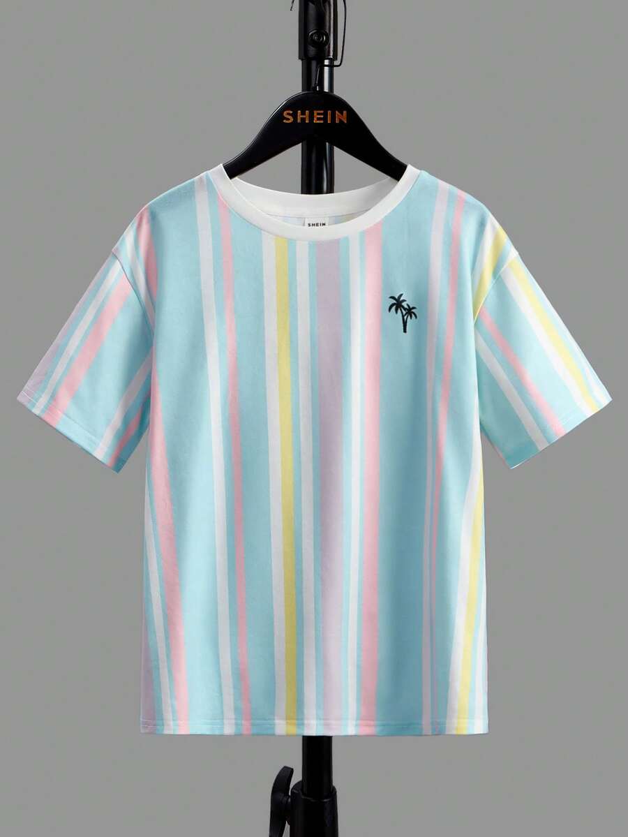 SHEIN Camiseta de punto estampada de manga corta y cuello redondo para niños preadolescentes, adecuada para primavera y verano, ideal para deportes diarios, escuela, ropa de calle, fiestas y ocio en el hogar - Multicolor - Ver 1