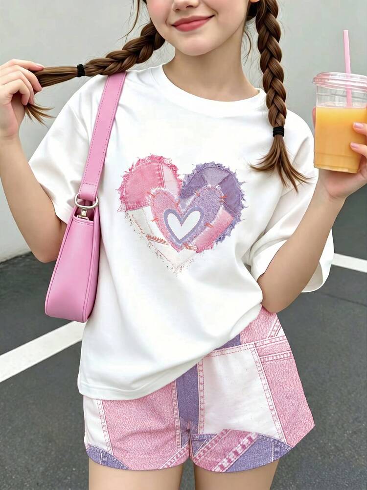 Tween女孩休閒極簡可愛個性化紋理愛心圖案短袖上衣與短褲2件套，適合夏季，圖案款，Kawaii風格，女孩套裝，復古，返校季，嬰兒藍，Cupid Pick - 彩色 - 查看 1