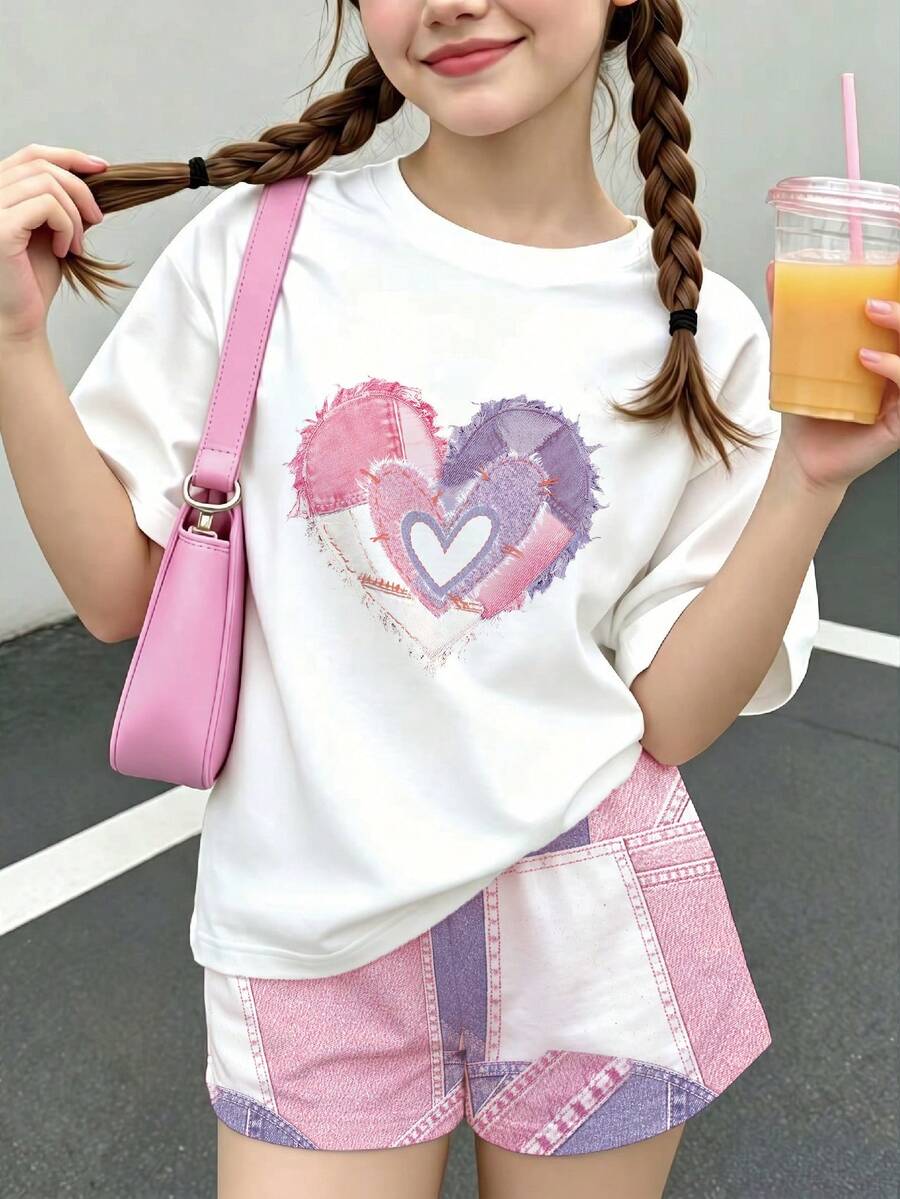 Tween女孩休閒極簡可愛個性化紋理愛心圖案短袖上衣與短褲2件套,適合夏季,圖案款,Kawaii風格,女孩套裝,復古,返校季,嬰兒藍,Cupid Pick - 彩色 - 查看 1